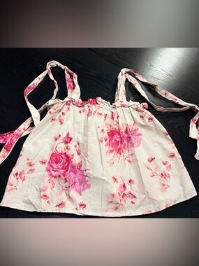 H&M White Floral Tie-strap Tank Top with Pink Accents